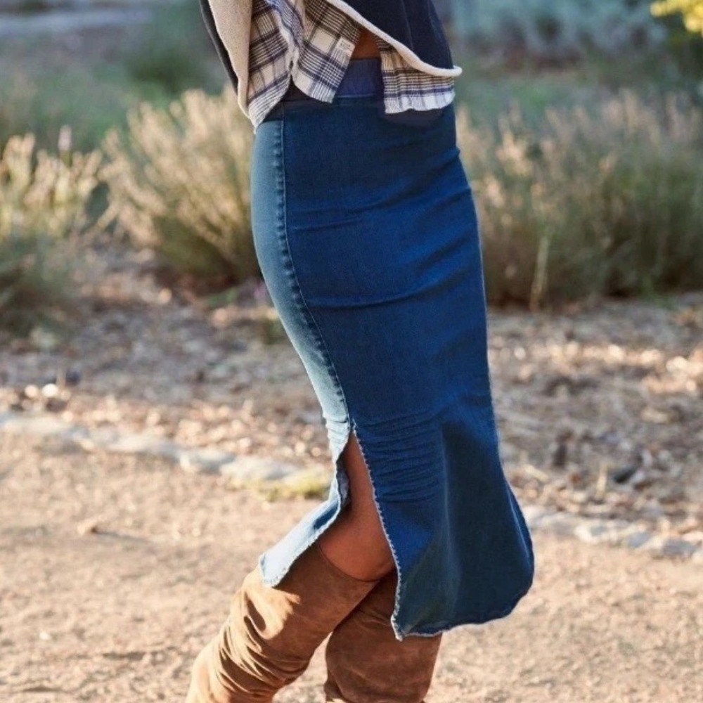 Frank & Eileen Donegal Denim Midi Skirt Blue Medium Wash Stretch Women Sz 4 USA